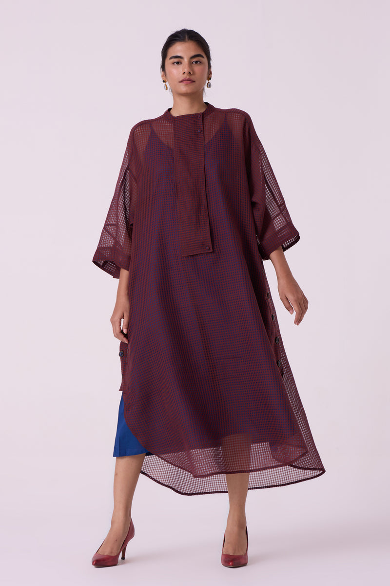 Fosco Blue Checkered HandwovenTunic handwoven silk cotton tunics/kaftan by The Summer House in blue for women Worldwide