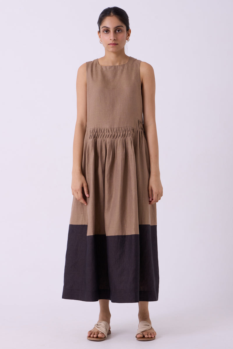 Sumi Brown Colourblocked Linen Midi Dress linen dress by The Summer House in brown for women Worldwide