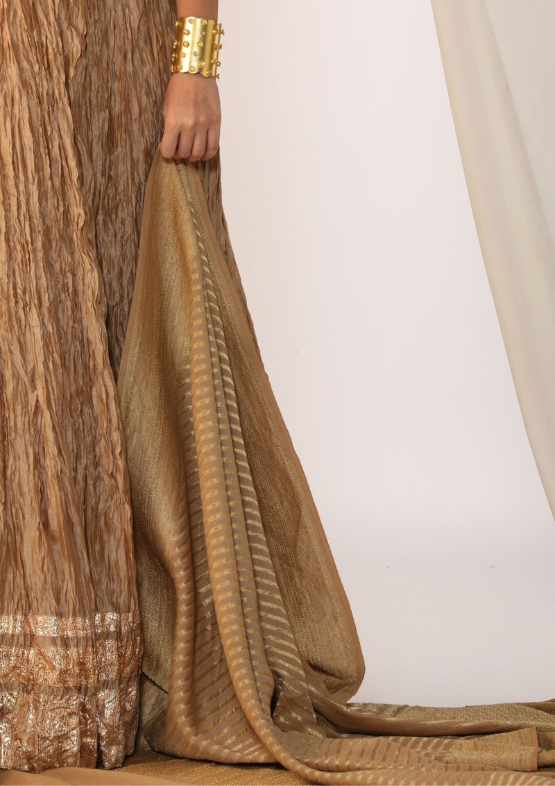 Brocade waistcoat paired with a crushed skirt-Champagne mist silk by Myoho in beige color for women Worldwide