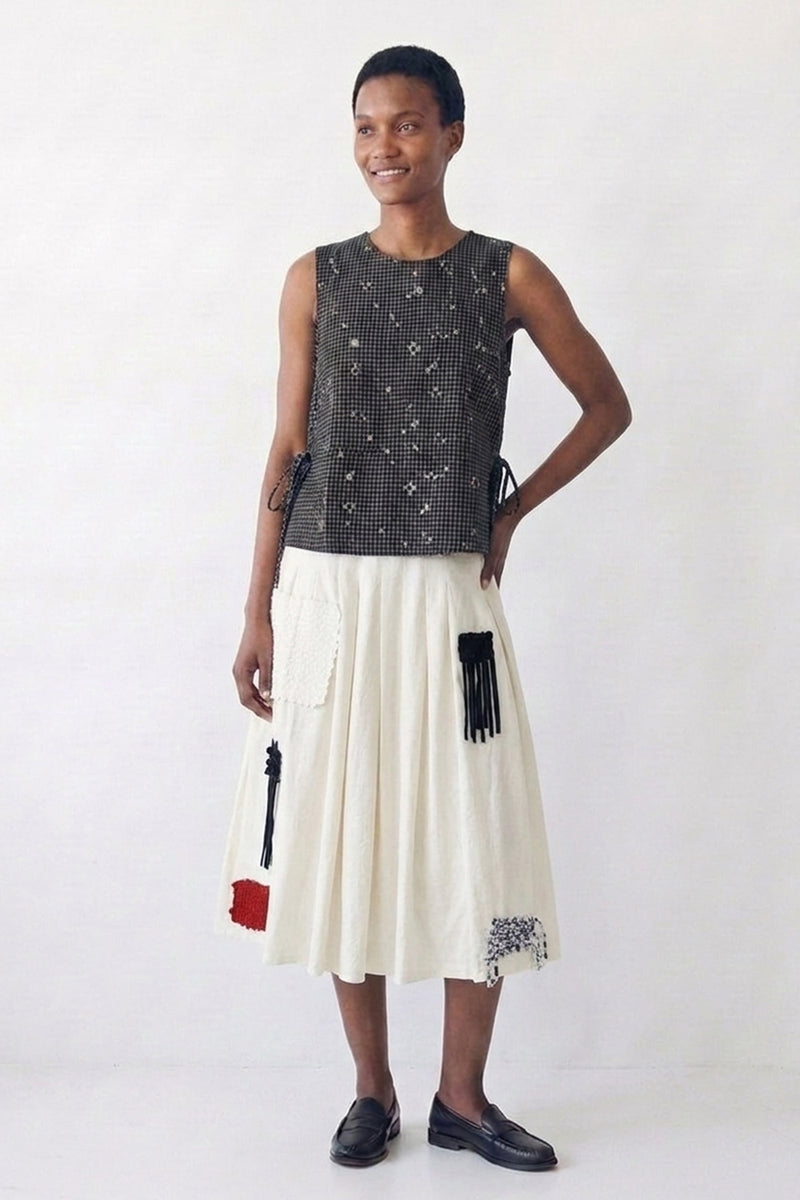 The Pleated Artisan Skirt-Basket Patchwork cotton muslin skirt by World of Crow in white for women Worldwide