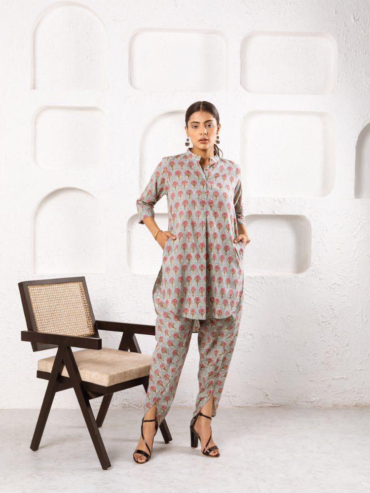Pink Pansy Dhoti Co-Ord Co-ord Set by Marche in grey color for women Worldwide