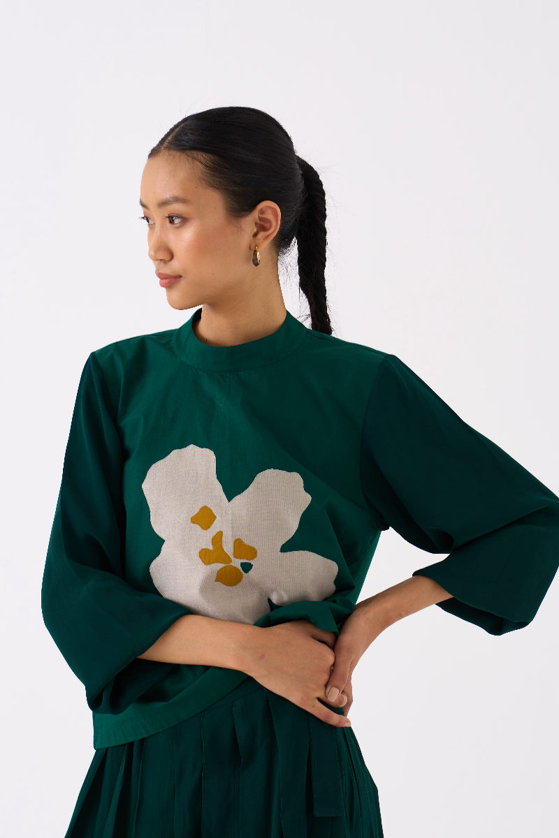 FLORAL APPLIQUE TOP CO-ORD 
(SET OF 2)-DARK GREEN poplin by THREE in green color for women Worldwide