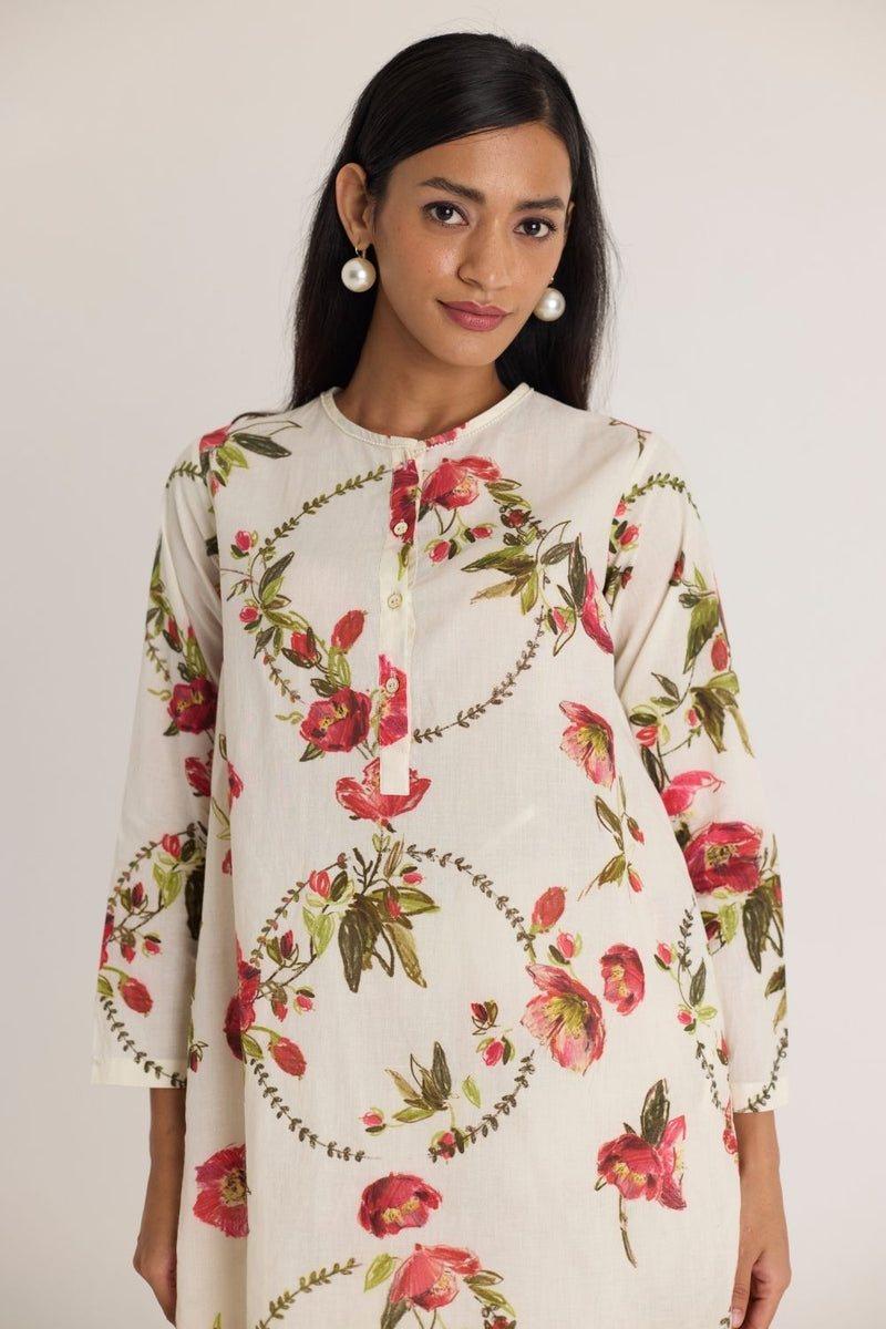ROSITA COTTON SHORT KURTA SET by Yam in white color for women Worldwide