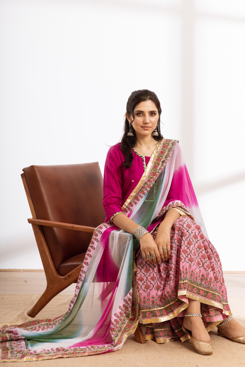 Rasika Gulabi Sharara Set - pink hand block printed chanderi sharara set chanderi by Maison Shefali in pink color for women Worldwide