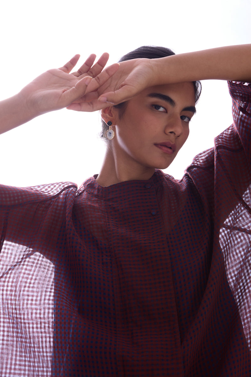 Fosco Blue Checkered HandwovenTunic handwoven silk cotton tunics/kaftan by The Summer House in blue for women Worldwide