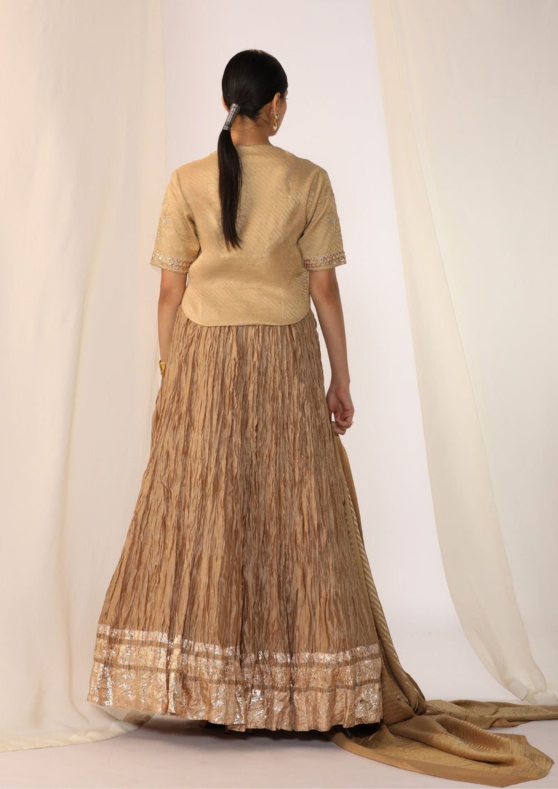 Brocade waistcoat paired with a crushed skirt-Champagne mist silk by Myoho in beige color for women Worldwide