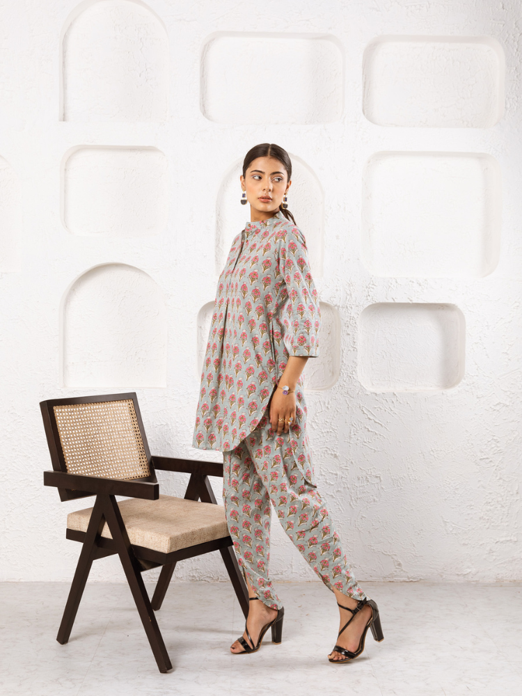 Pink Pansy Dhoti Co-Ord Co-ord Set by Marche in grey color for women Worldwide