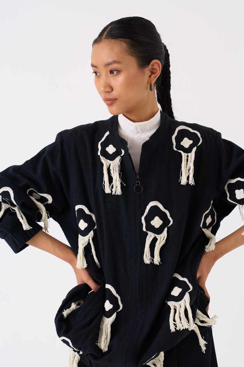 FRINGE BOMBER JACKET CO-ORD 
(SET OF 2)-BLACK by THREE in black color for women Worldwide
