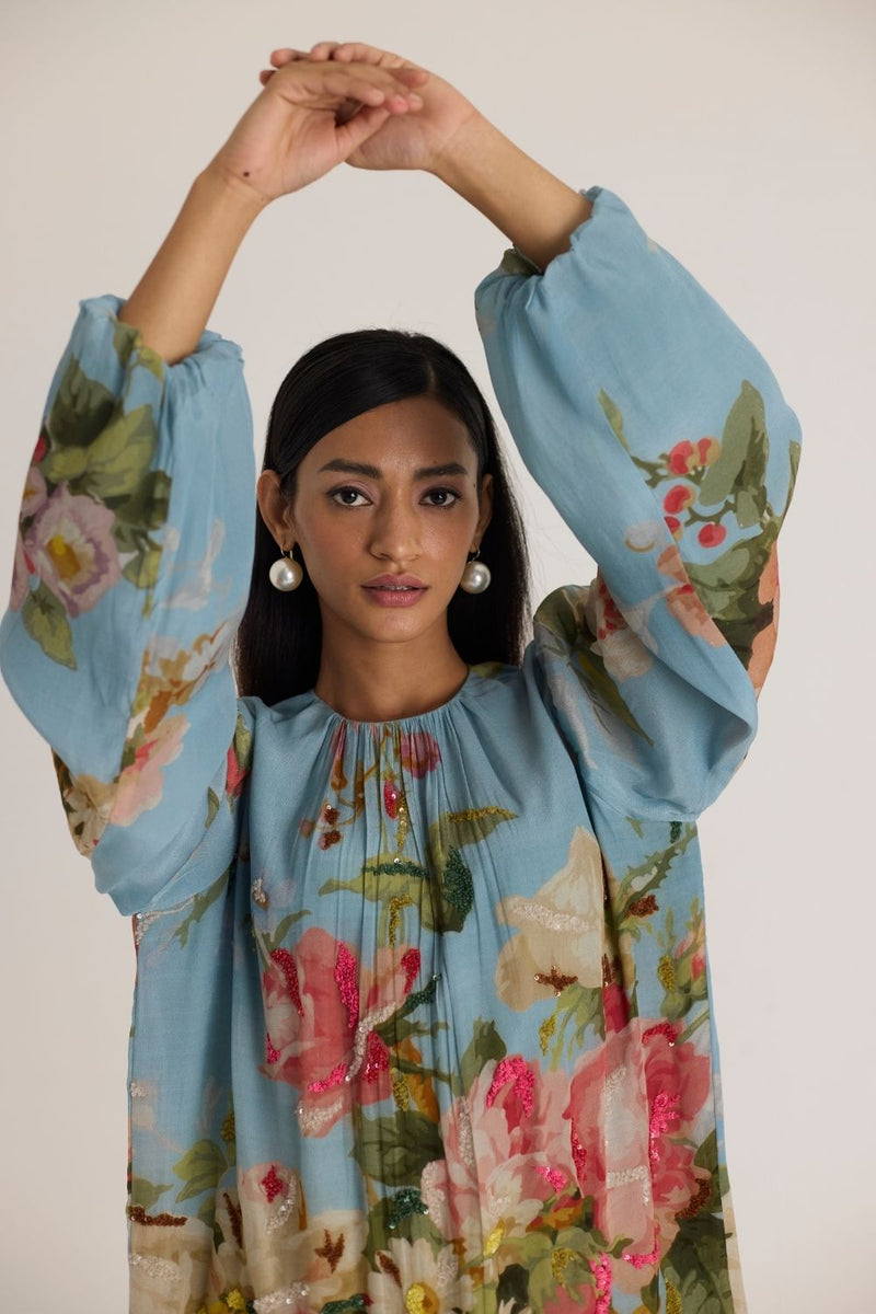 TAFFY EMBROIDERED SHORT DRESS by Yam in blue color for women Worldwide