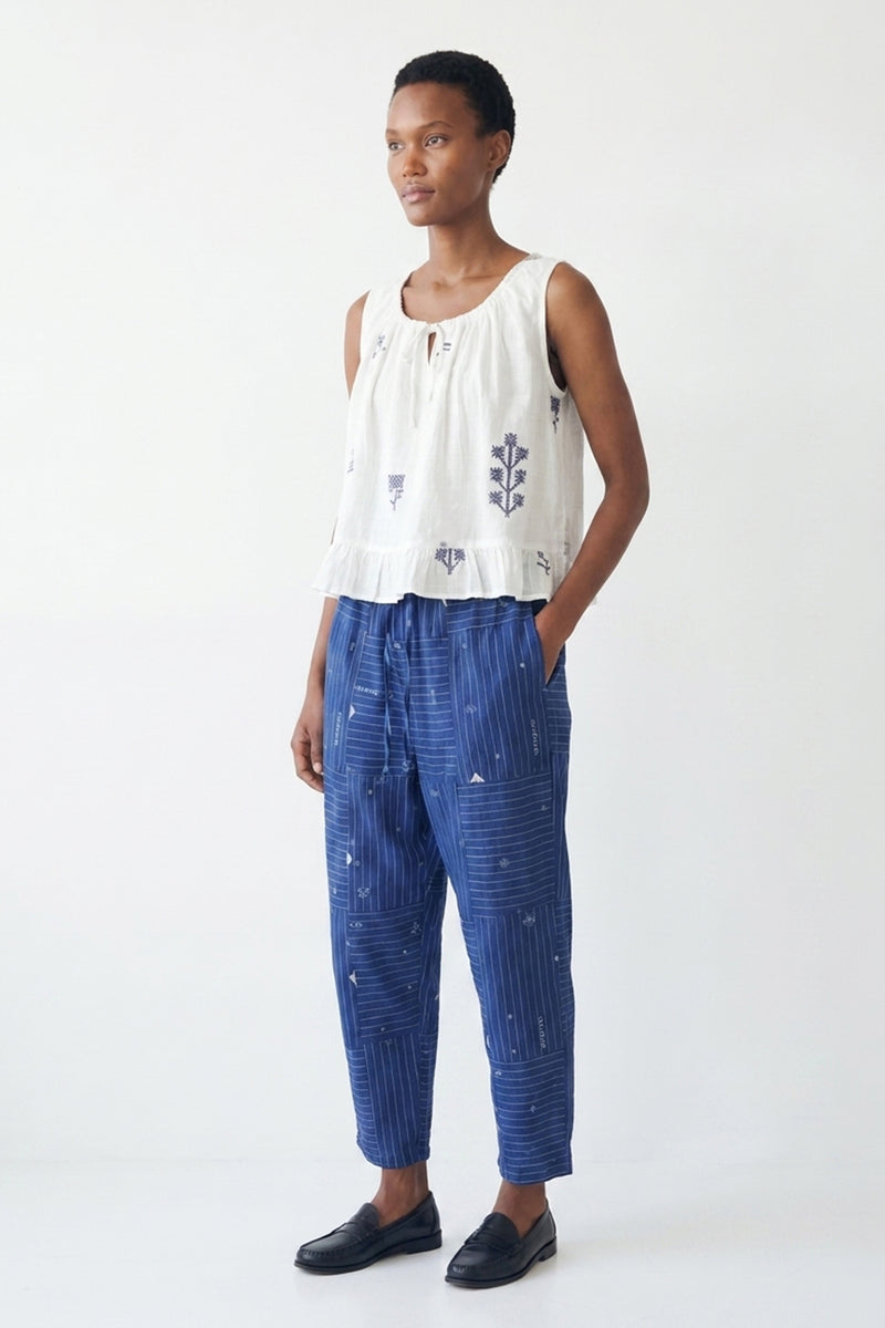 The Midday Pants-Grid Patchwork cotton jamdani pant/trouser by World of Crow in blue for women Worldwide