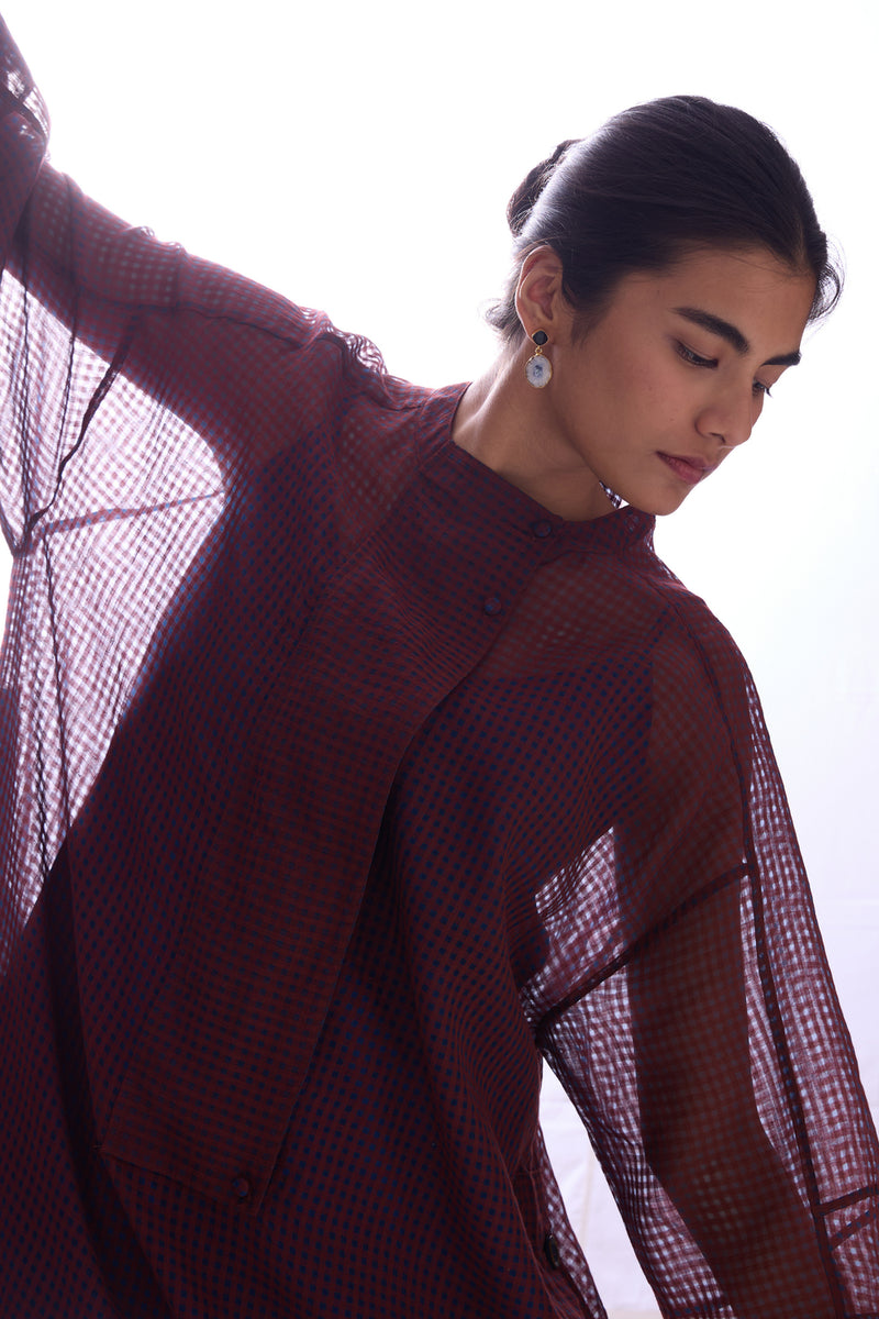 Fosco Blue Checkered HandwovenTunic handwoven silk cotton tunics/kaftan by The Summer House in blue for women Worldwide