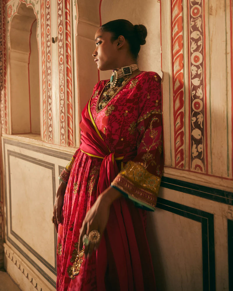 Khel Hot Pink Red Shadow Print Front Puckering Kurta Set mul by Rajiramniq in multi color for women Worldwide