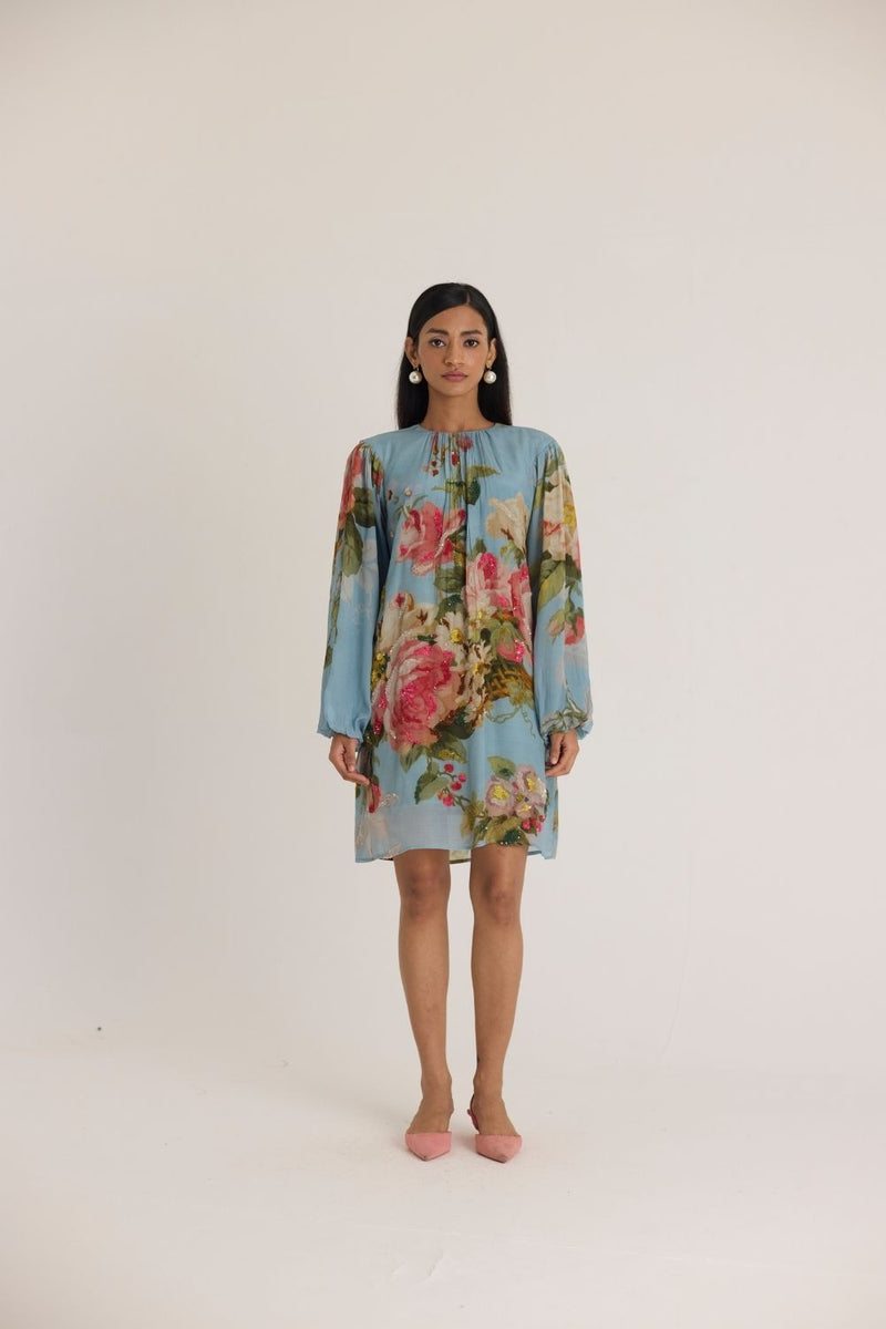 TAFFY EMBROIDERED SHORT DRESS by Yam in blue color for women Worldwide