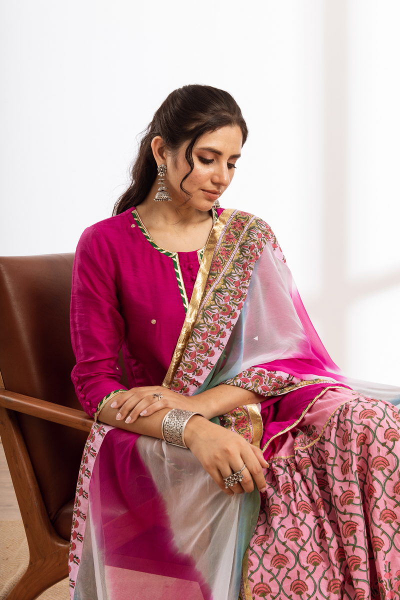 Rasika Gulabi Sharara Set - pink hand block printed chanderi sharara set chanderi by Maison Shefali in pink color for women Worldwide