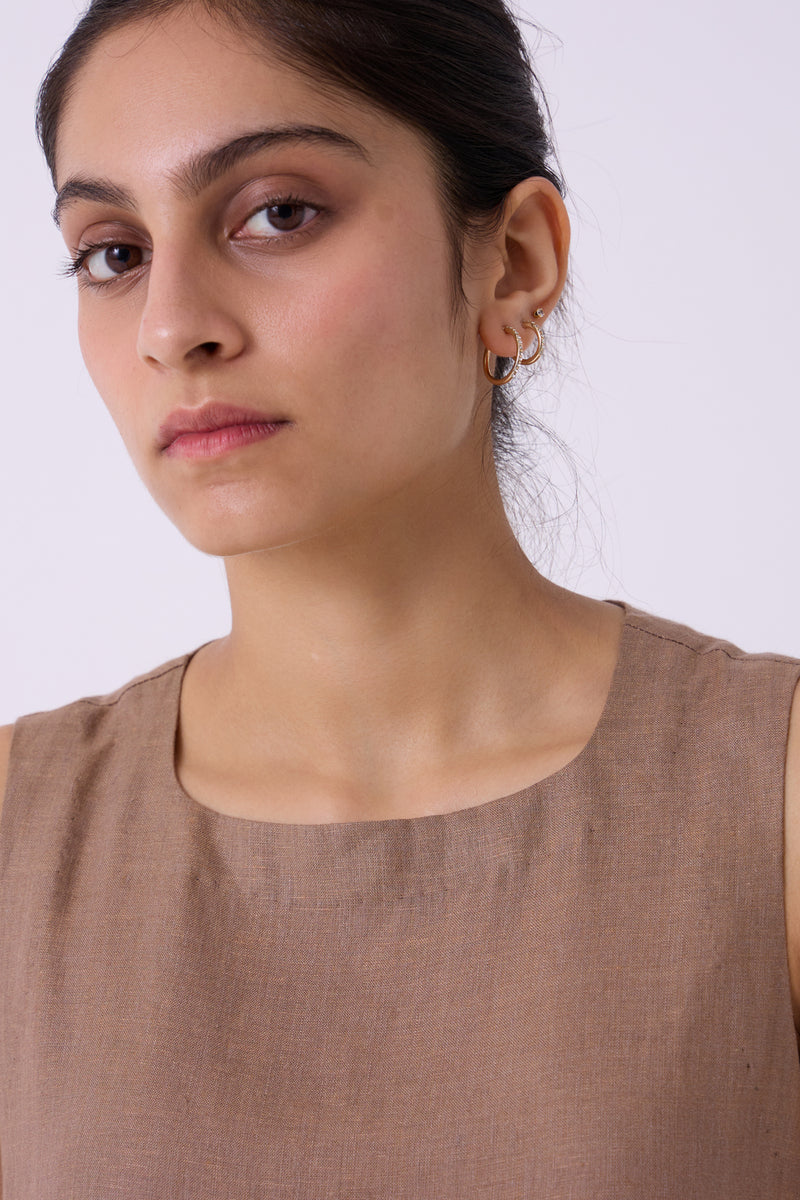 Sumi Brown Colourblocked Linen Midi Dress linen dress by The Summer House in brown for women Worldwide