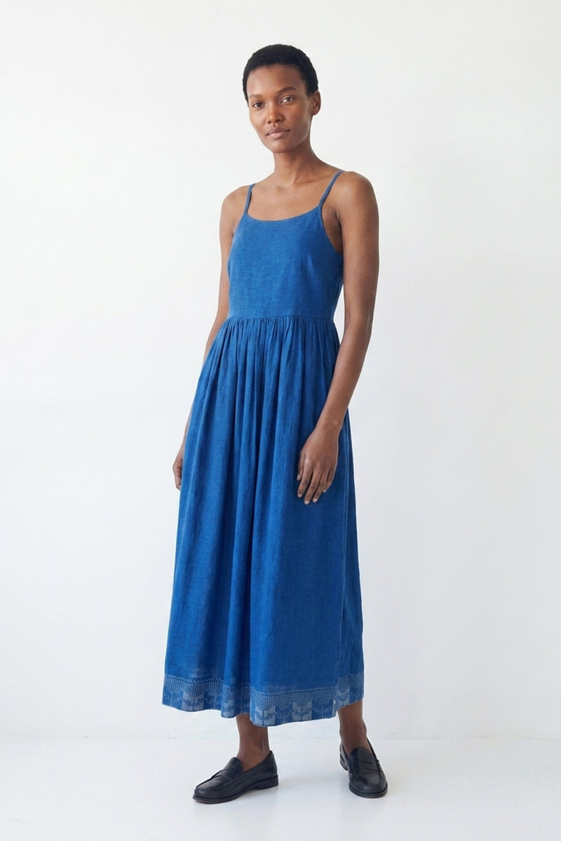 The Block Bloom Midi Dress-Cobalt Blue cotton jamdani dress by World of Crow in blue for women Worldwide