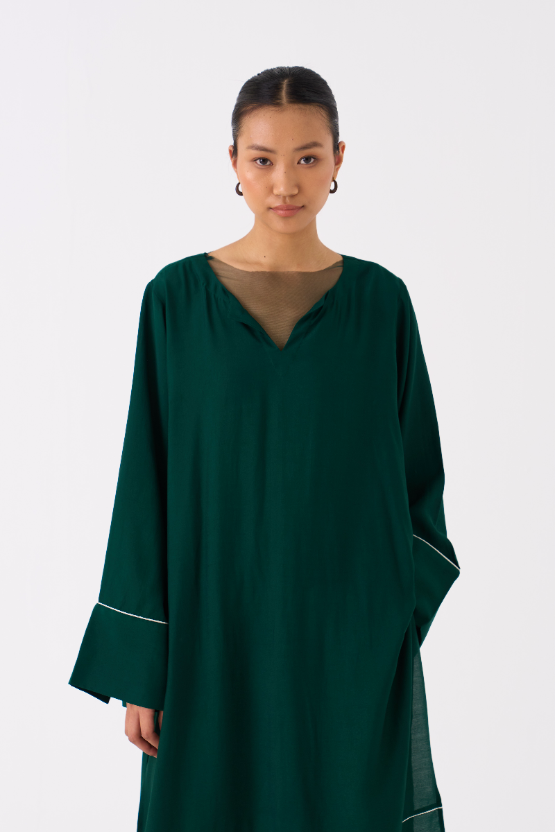 V-NECK KAFTAN- DARK GREEN bemberg by THREE in green color for women Worldwide