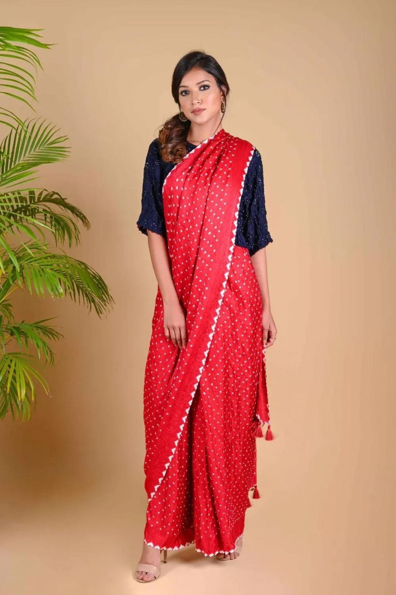 PANT SAREE-RED silk by Dyelogue in red color for women Worldwide