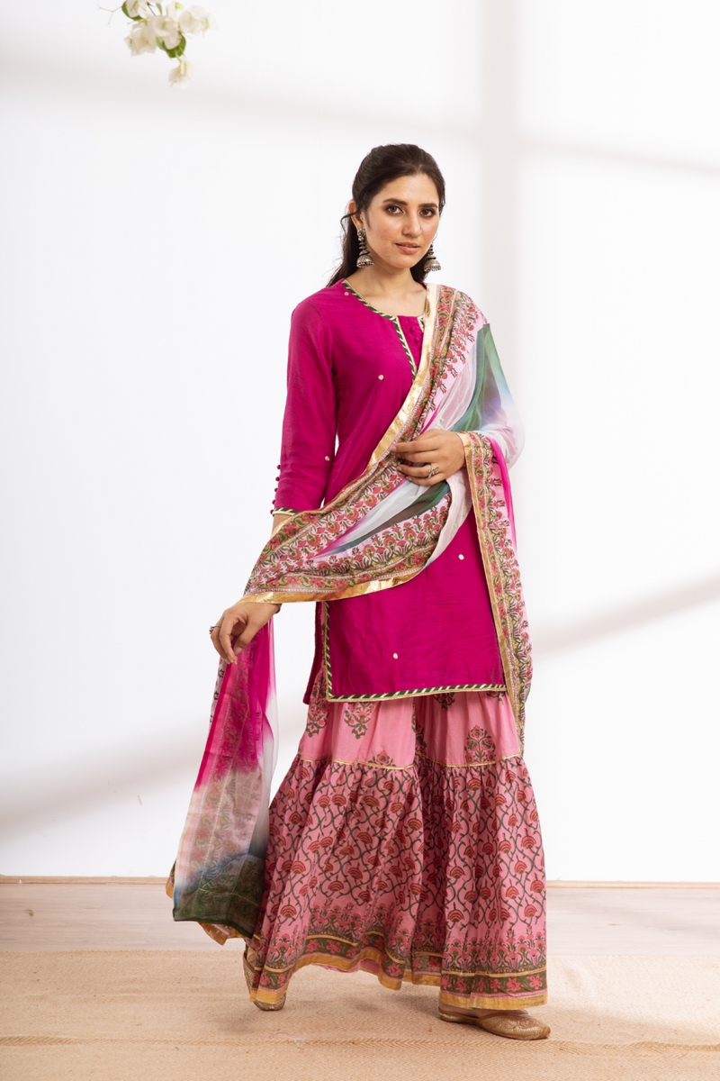 Rasika Gulabi Sharara Set - pink hand block printed chanderi sharara set chanderi by Maison Shefali in pink color for women Worldwide