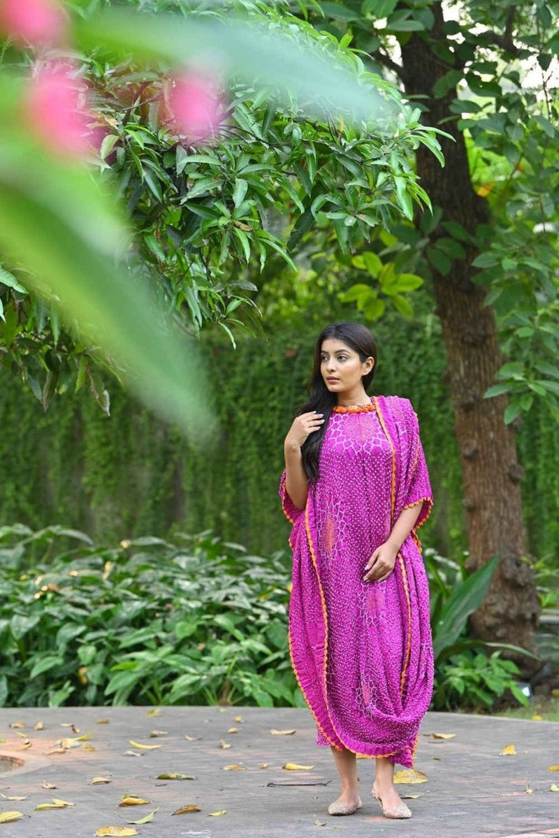 DRAPE DRESS - VALLEY OF FLOWERS-PINK silk by Dyelogue in pink color for women Worldwide