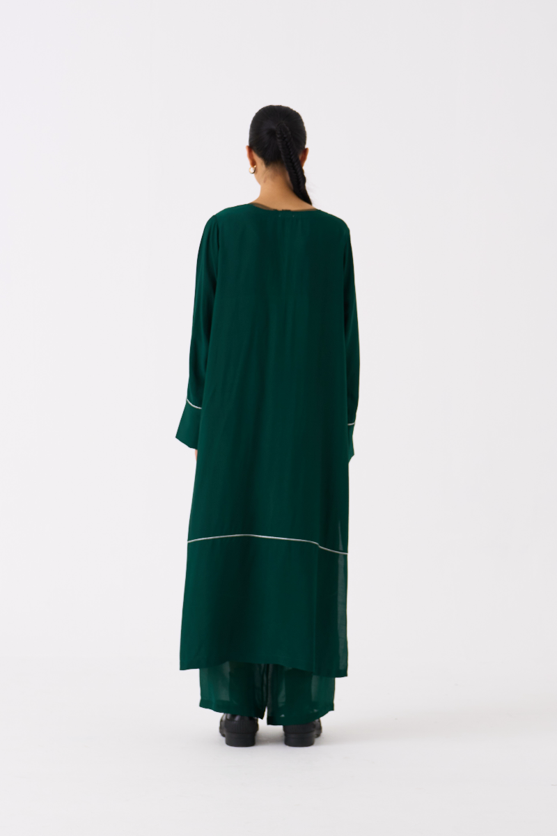 V-NECK KAFTAN- DARK GREEN bemberg by THREE in green color for women Worldwide