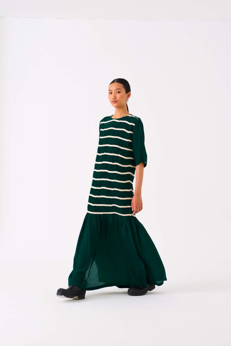 SHIRRING DRESS-GREEN by THREE in green color for women Worldwide