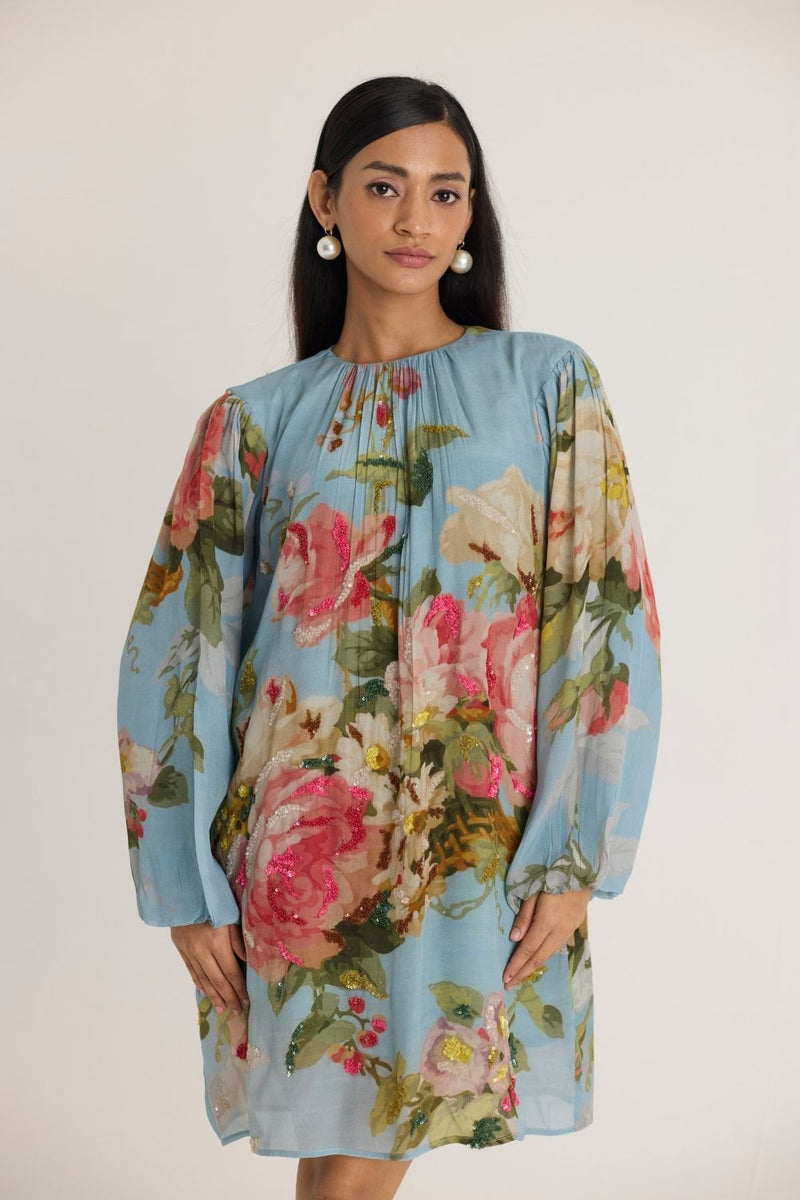 TAFFY EMBROIDERED SHORT DRESS by Yam in blue color for women Worldwide