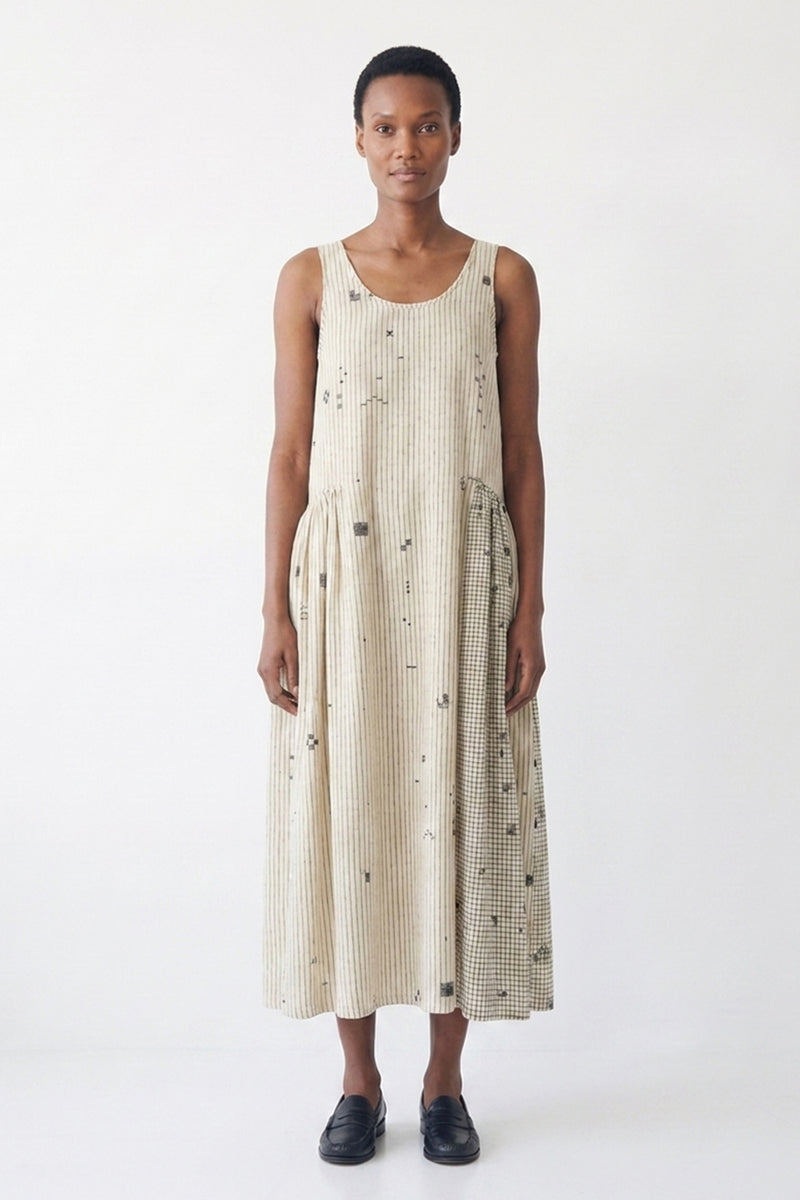 Desert Rhythm Midi Dress-Fine stripe cotton jamdani dress by World of Crow in white for women Worldwide
