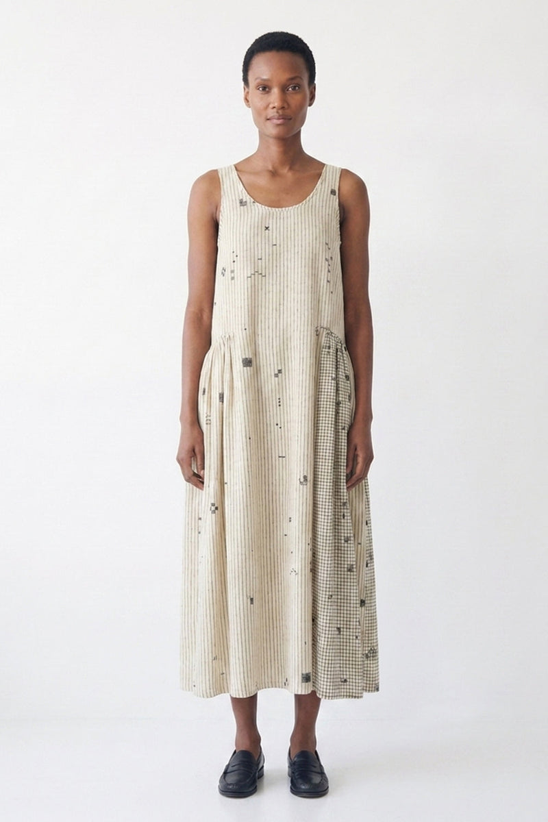 Desert Rhythm Midi Dress-Fine stripe cotton jamdani dress by World of Crow in white for women Worldwide
