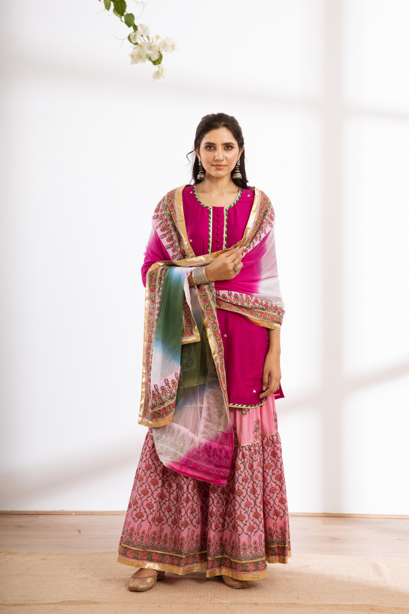 Rasika Gulabi Sharara Set - pink hand block printed chanderi sharara set chanderi by Maison Shefali in pink color for women Worldwide