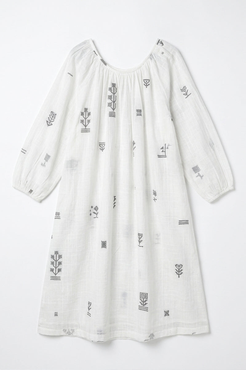 The Scoop-Neck Gathered Dress-White cotton jamdani dress by World of Crow in white for women Worldwide