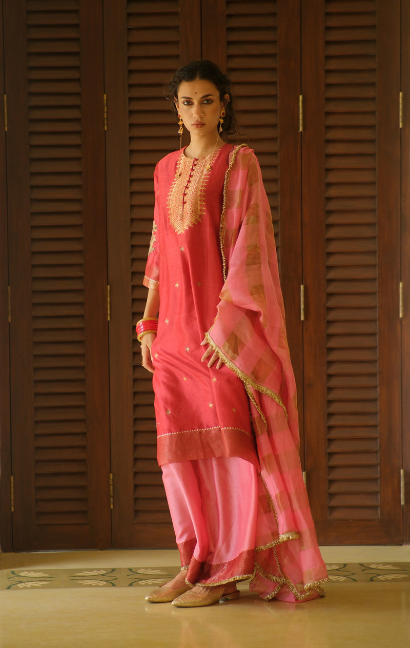 Lavanya Kurta Set chanderi silk kurta/kurta set by Myoho in red for women Worldwide