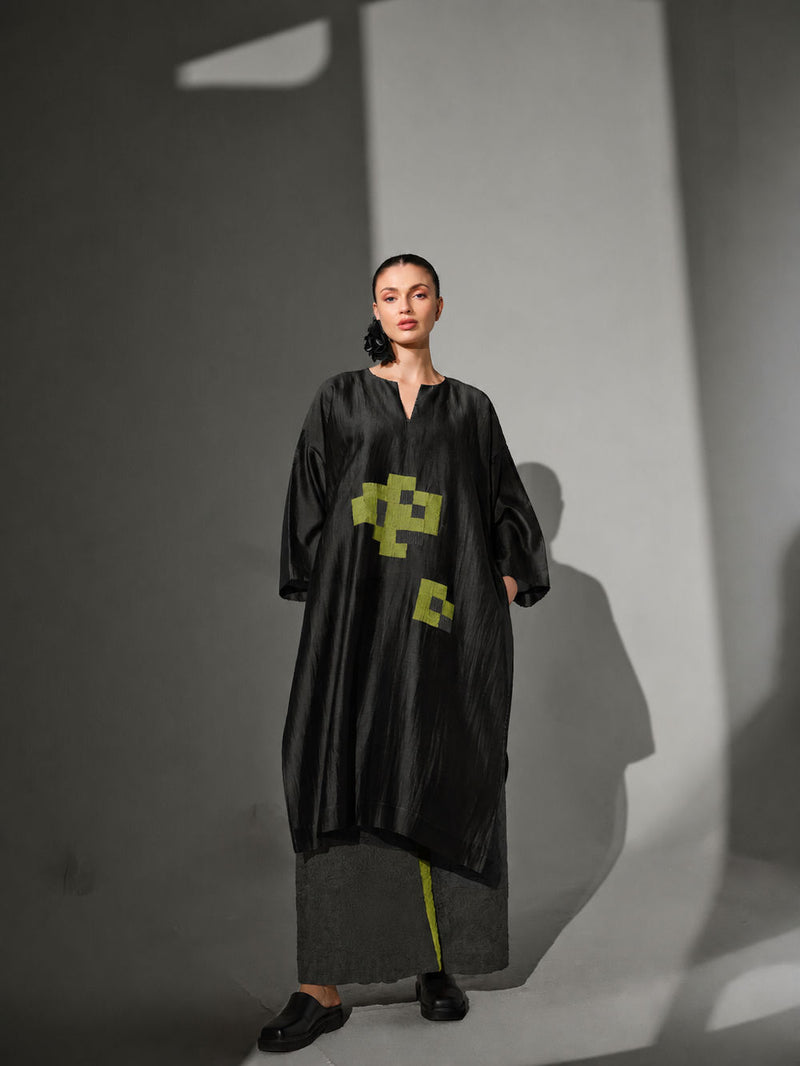 Trace Tunic-Black + Lime + Ash gree silk chanderi tunics and kaftans by Stoique in black, lime, ash gree for women Worldwide