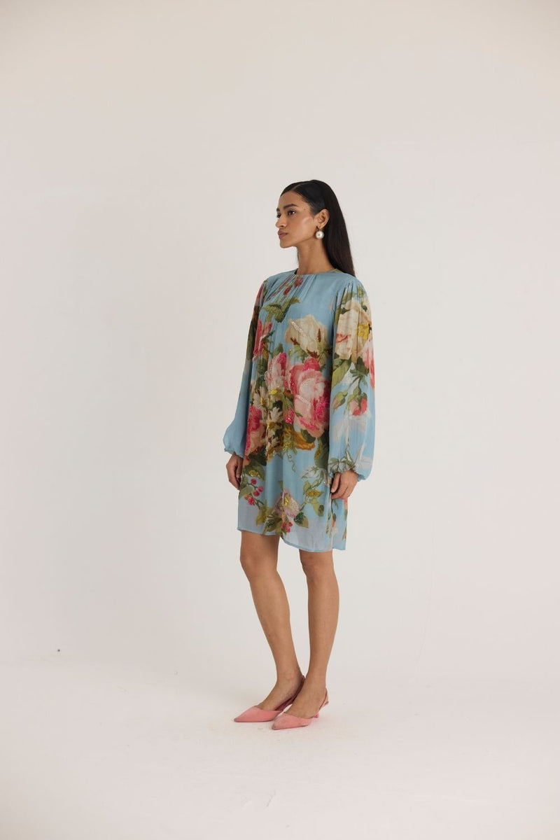TAFFY EMBROIDERED SHORT DRESS by Yam in blue color for women Worldwide