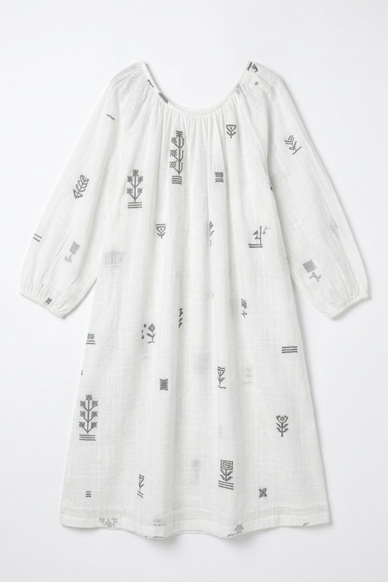 The Scoop-Neck Gathered Dress-White cotton jamdani dress by World of Crow in white for women Worldwide