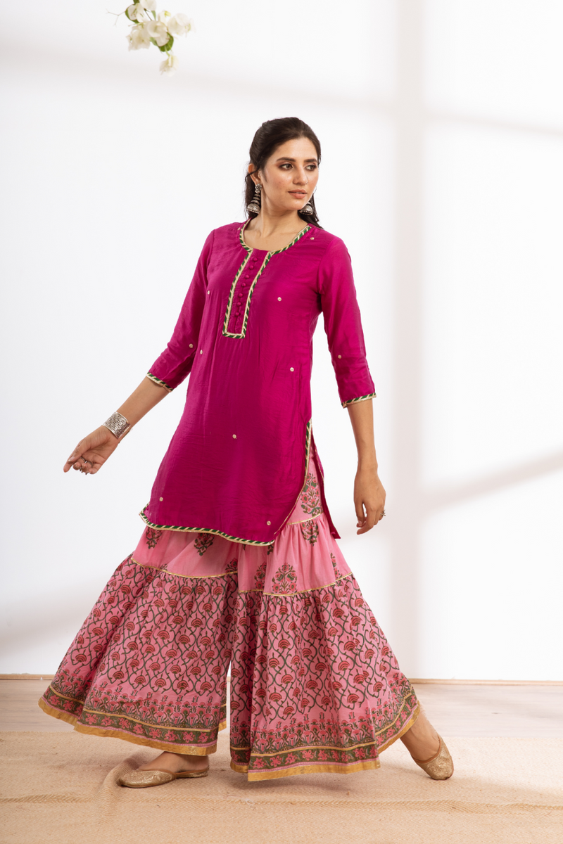 Rasika Gulabi Sharara Set - pink hand block printed chanderi sharara set chanderi by Maison Shefali in pink color for women Worldwide