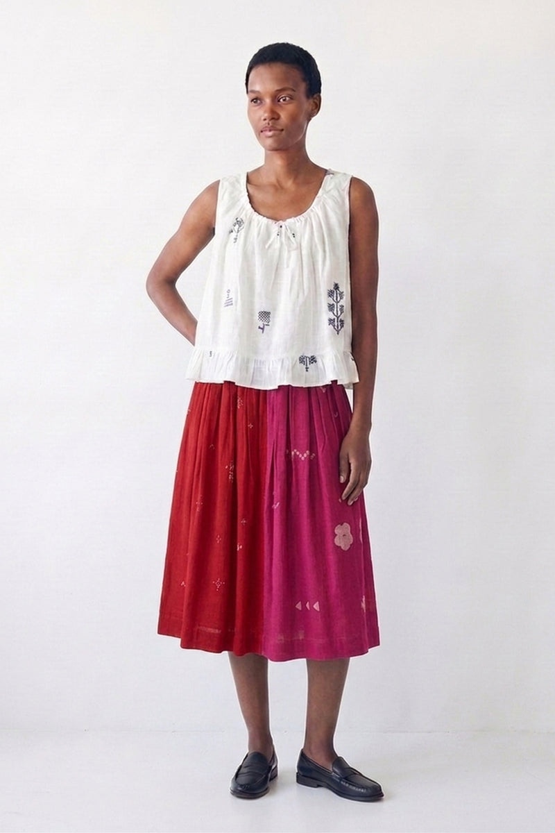The Joy Skirt-Pink & Red cotton jamdani skirt by World of Crow in crimson red for women Worldwide