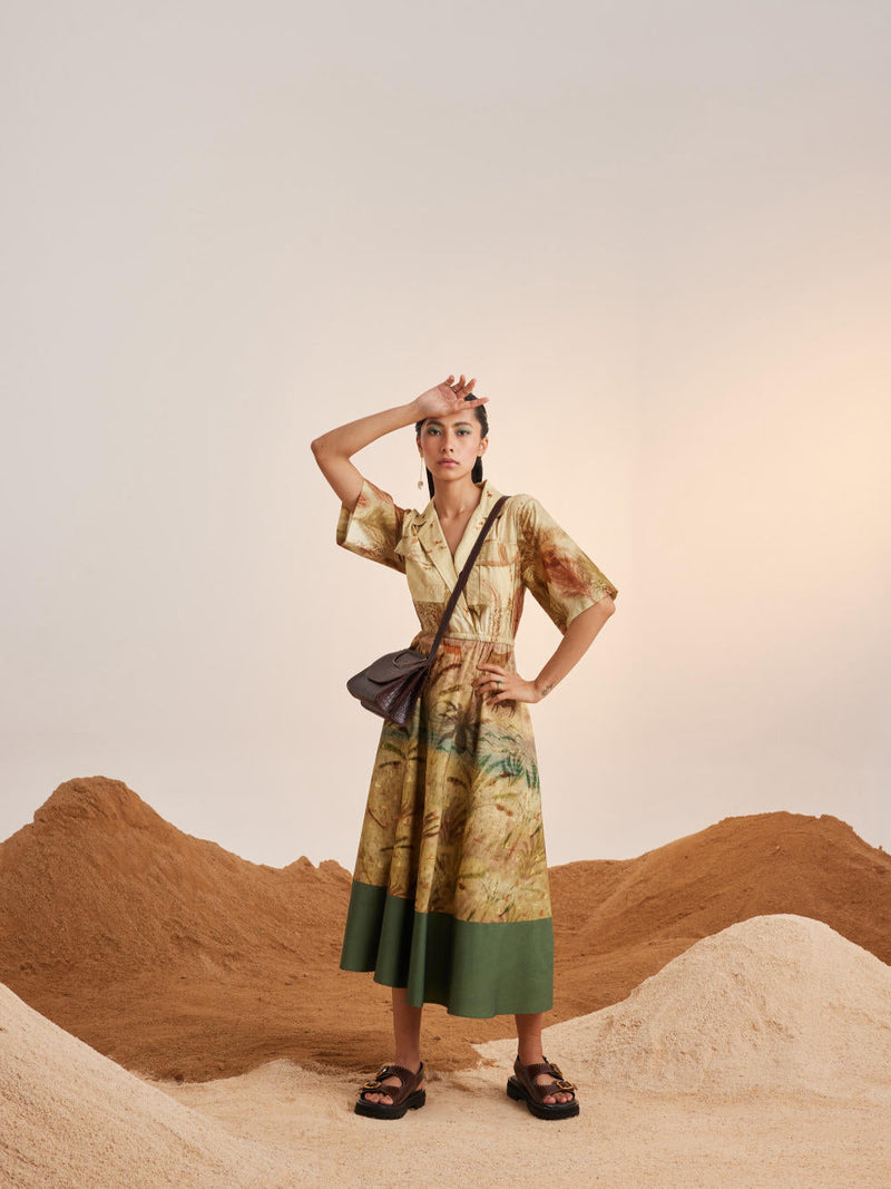 Print Blocked Dress-Woods cotton Dress by CORD for women Worldwide