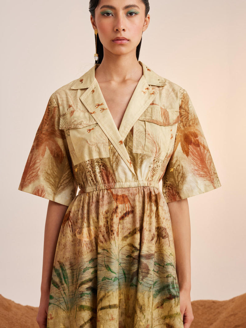 Print Blocked Dress-Woods cotton Dress by CORD for women Worldwide