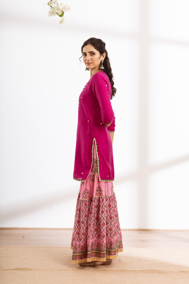 Rasika Gulabi Sharara Set - pink hand block printed chanderi sharara set chanderi by Maison Shefali in pink color for women Worldwide