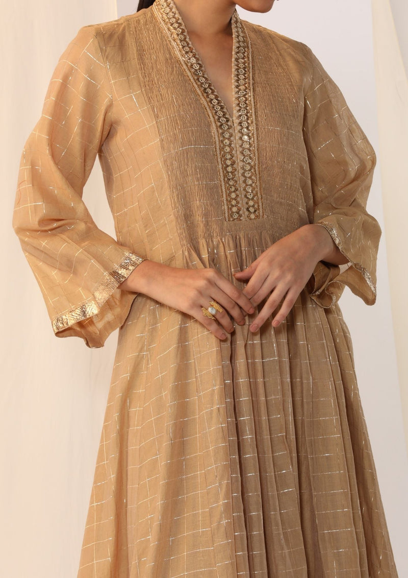 Checks kurta with a smocked neck with wide-leg pants chanderi by Myoho in beige color for women Worldwide