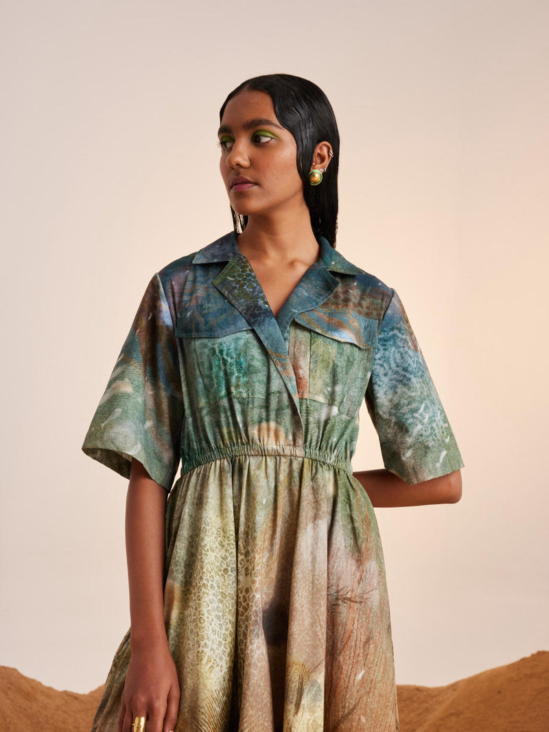 Print Blocked Dress-Underwater cotton Dress by CORD for women Worldwide