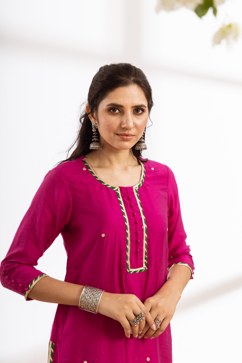 Rasika Gulabi Sharara Set - pink hand block printed chanderi sharara set chanderi by Maison Shefali in pink color for women Worldwide