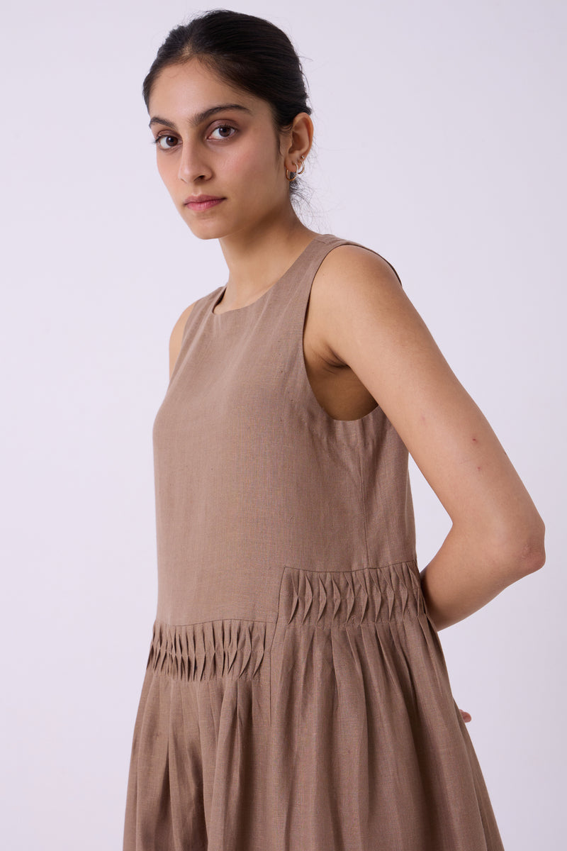 Sumi Brown Colourblocked Linen Midi Dress linen dress by The Summer House in brown for women Worldwide