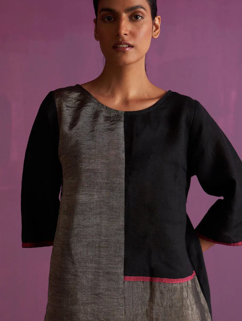 Ahana Metallic Linen Dress - Black linen by Manan in black color for women Worldwide