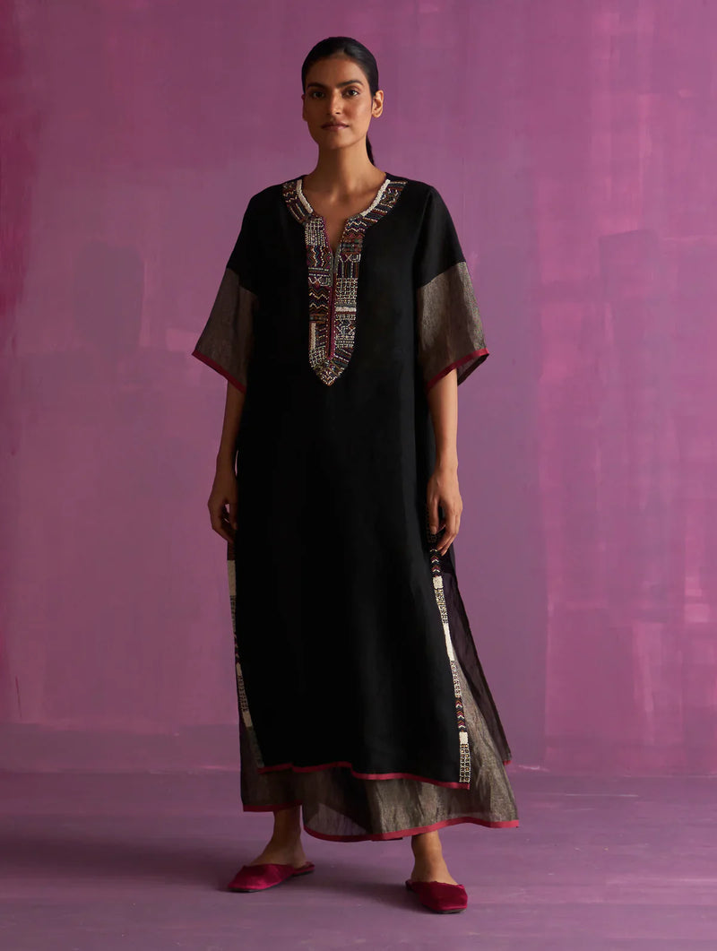 Mato Hand-Embroidered Kurta Set - Black linen by Manan in black color for women Worldwide