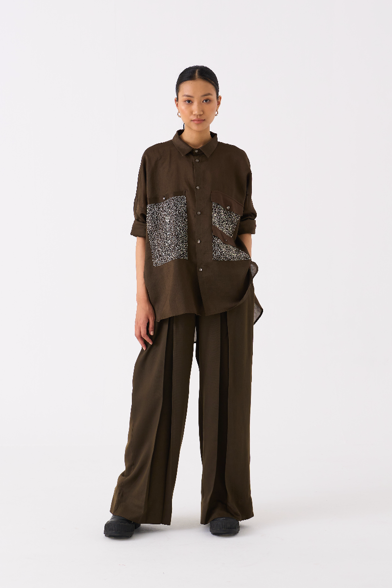 PATCH POCKET SHIRT CO-ORD
(SET OF 2)-DARK OLIVE poplin by THREE in olive color for women Worldwide