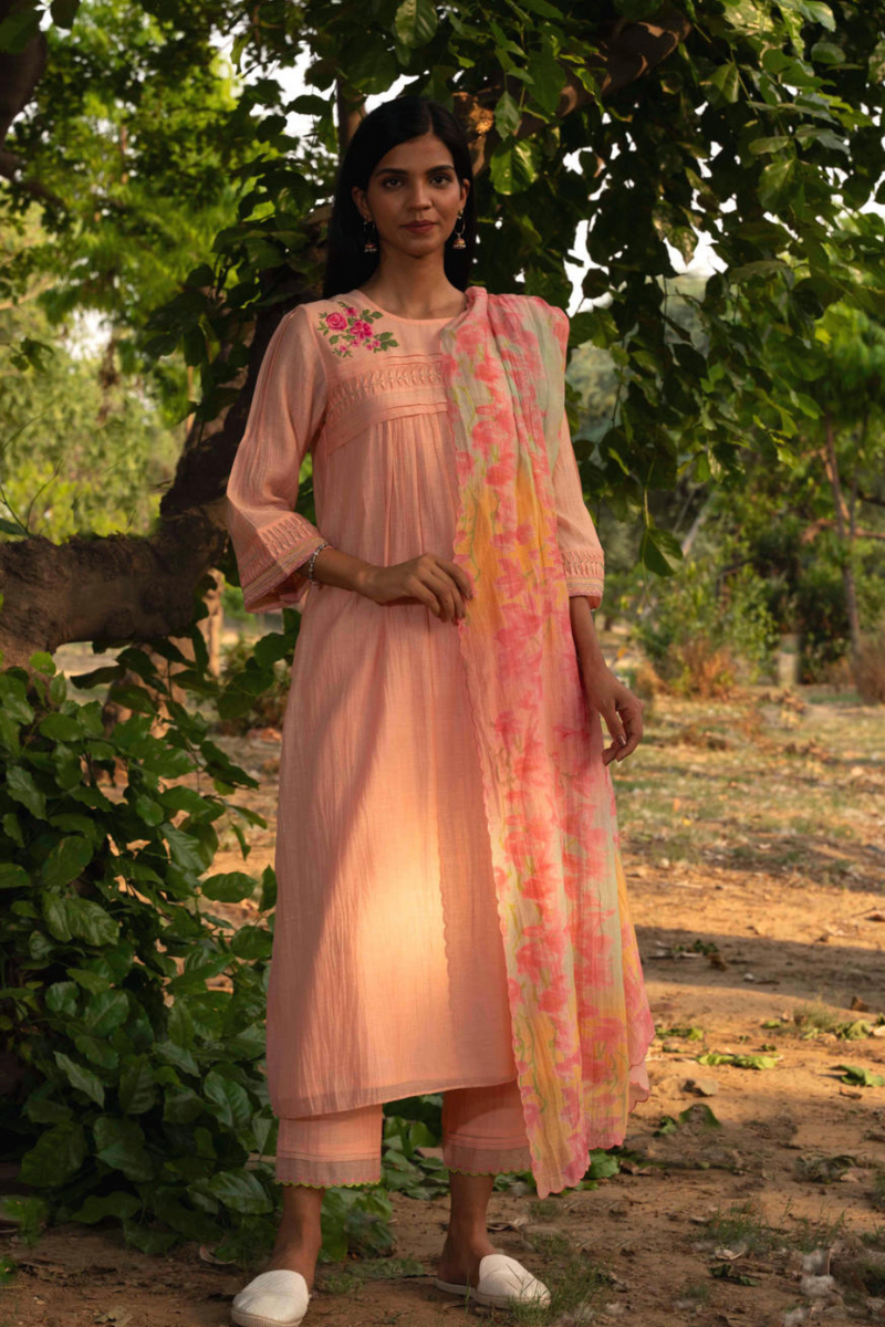 Maina-KBD Kurta Set-Peach silk by Priti Prashant in peach color for women Worldwide