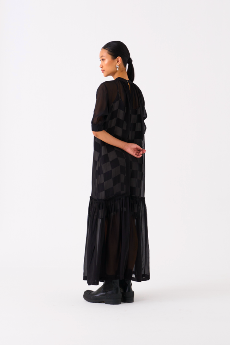 SHEER BOTTOM FRILL DRESS
-BLACK organza by THREE in black color for women Worldwide