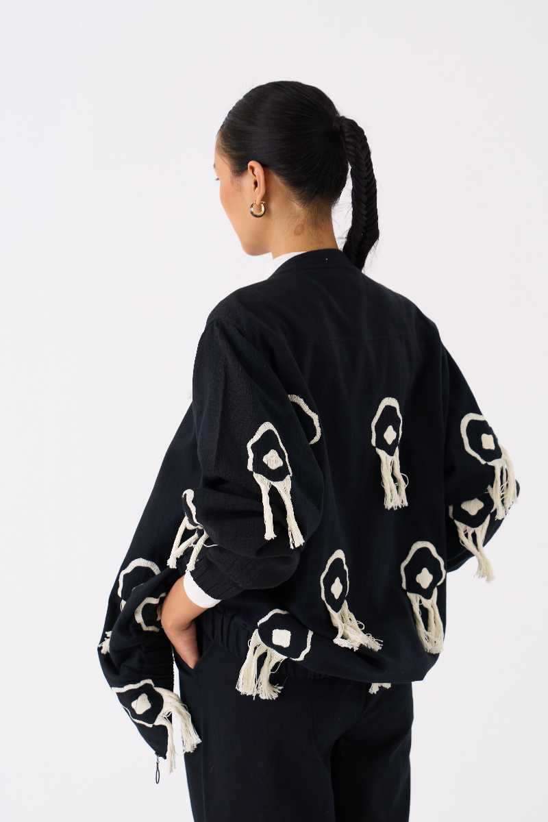 FRINGE BOMBER JACKET CO-ORD 
(SET OF 2)-BLACK by THREE in black color for women Worldwide